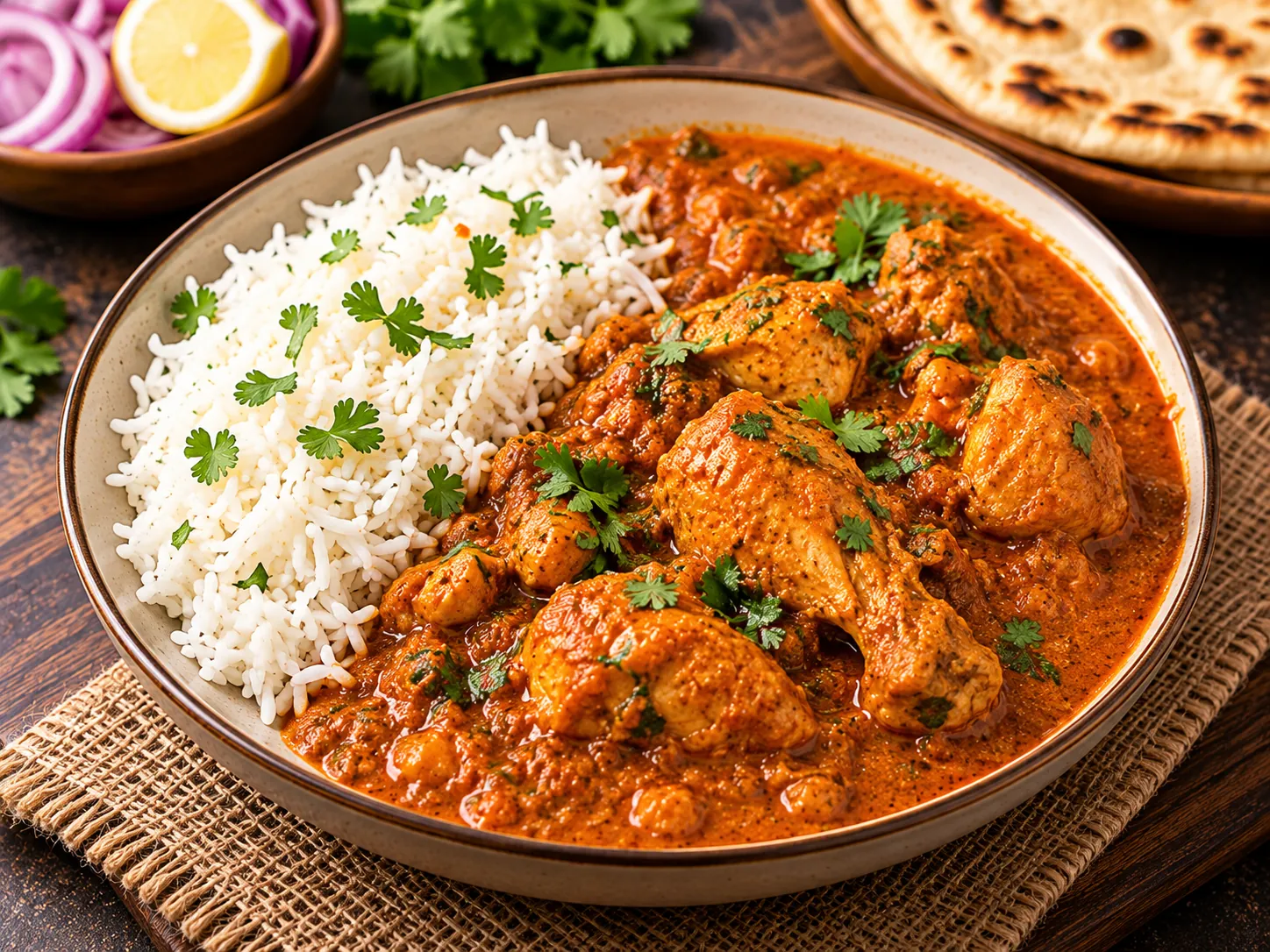 Indian chicken curry served with rice